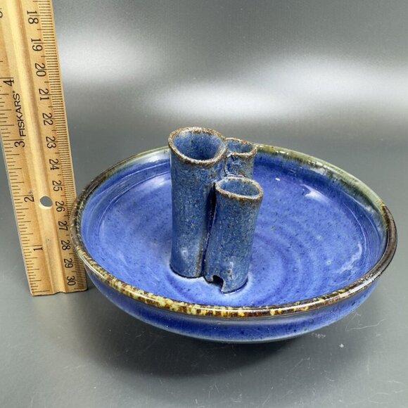 Hand Made Pottery Flower Frog Dish Container Vase Artist Signed Blue Glazed VTG - Picture 3 of 12